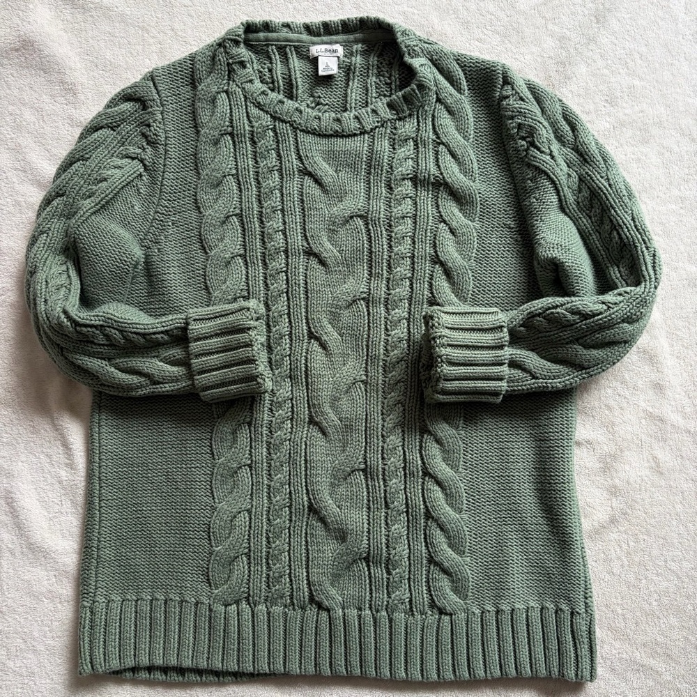 L.L. Bean Cotton Double L Fisherman Crewneck Cable Knit Sweater